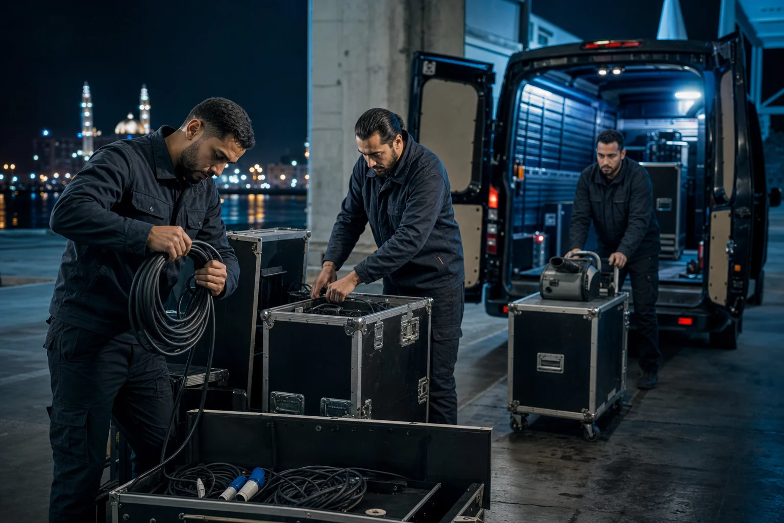 Mise en situation d’une équipe rangeant câbles et flight cases après un événement