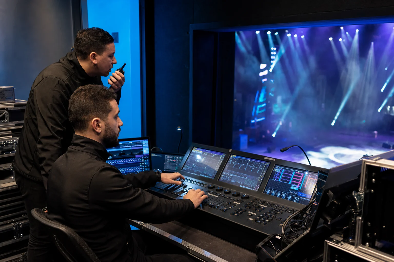 Mise en situation d’opérateurs en régie pilotant les effets et les lumières d’un spectacle