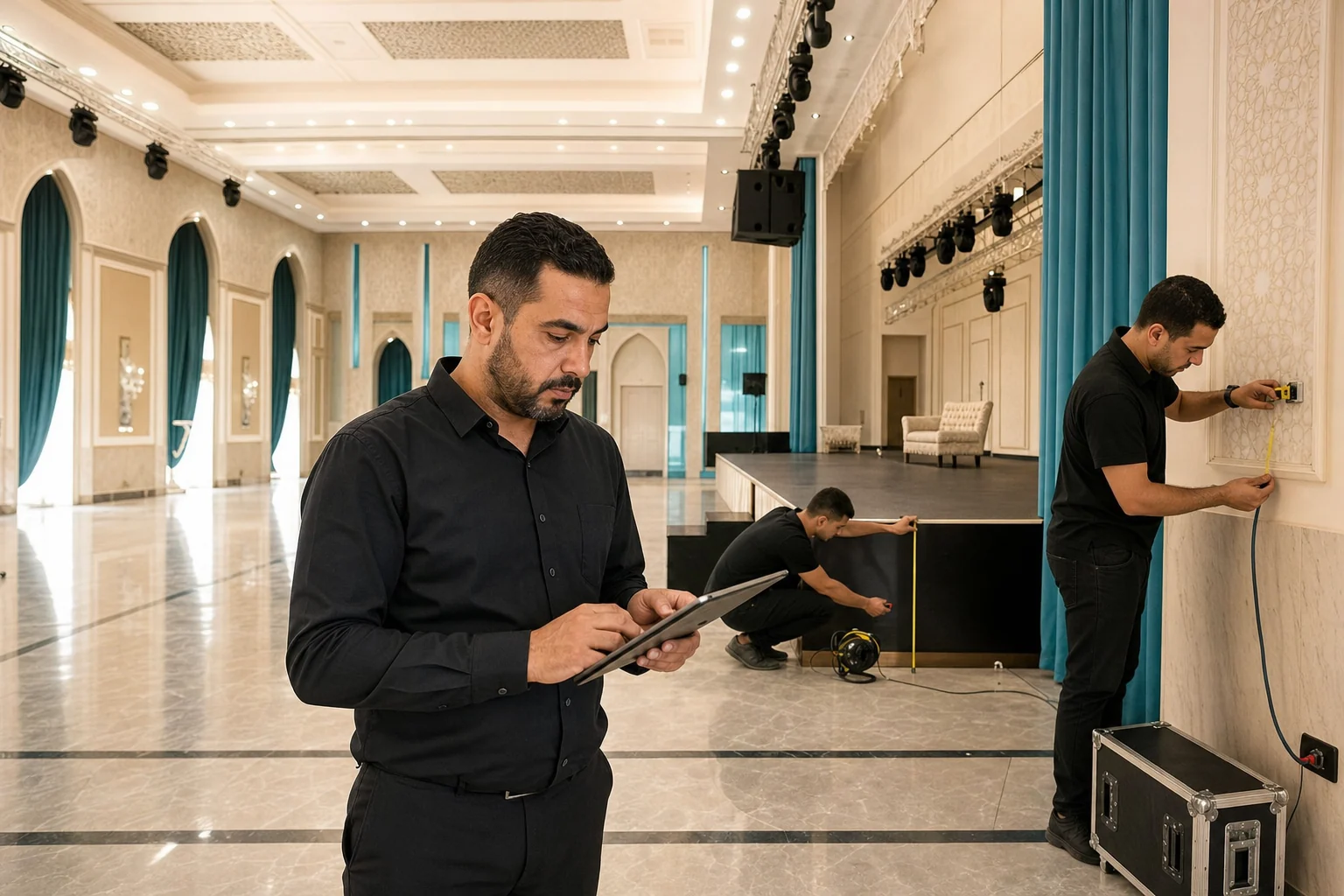 Mise en situation d’une équipe technique étudiant une scène avant une prestation IBS Event